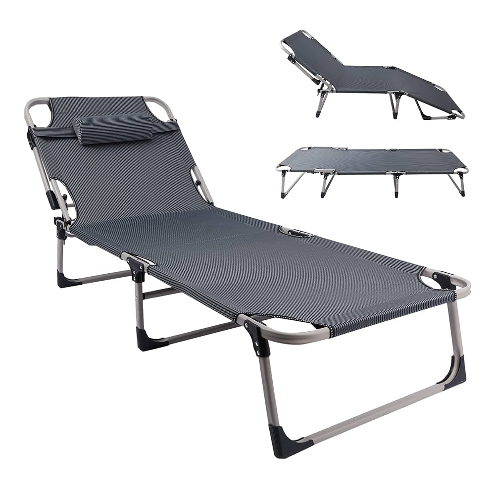 Opvouwbare Ligstoel – Draagbaar Campingbed voor Volwassenen en Kinderen – Sterke Stalen Constructie met Dubbel Laags 1200D Oxford Stof – Comfortabel Strandbed, Reisbed of Logeerbed – Inklapbaar Vouwbed met Hoofdkussen – Groen Gestreept Ontwerp