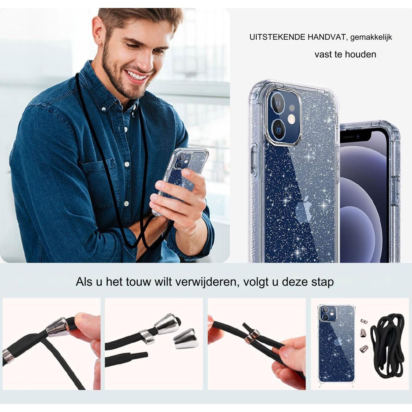 Schitterende Mobiele Telefoon Ketting voor iPhone 11 Pro Max Hoesje - Mobiel Hoesje met Bandje voor iPhone 11 Pro max Ingebouwde Schermbeschermer - 360 Graden Siliconen Schokbestendige Bescherming