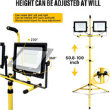 2x100W LED Bouwlamp op Statief – Draaibare Dubbele Floodlight – 10000 Lumen – 6000K Helder Wit – Verstelbaar Statief tot 254 cm – IP66 Waterdicht – 5 m Kabel – Binnen/Buiten – Werklamp met Koeling &amp; Draagfunctie