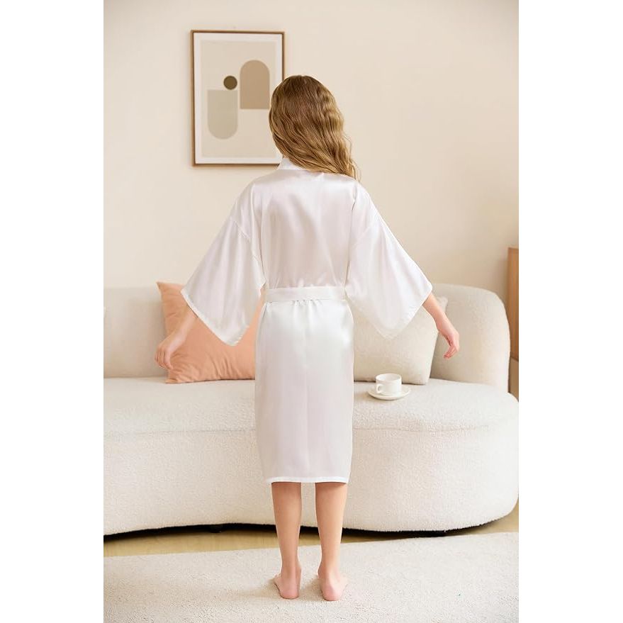 Kinder Satijnen Kimono Badjas – Voor Meisjes – Zijdezacht – V-Hals – Zelfstrikceintuur – Perfect Voor Spa, Bruiloften, Verjaardagsfeestjes en Dagelijks Gebruik – Maat 4