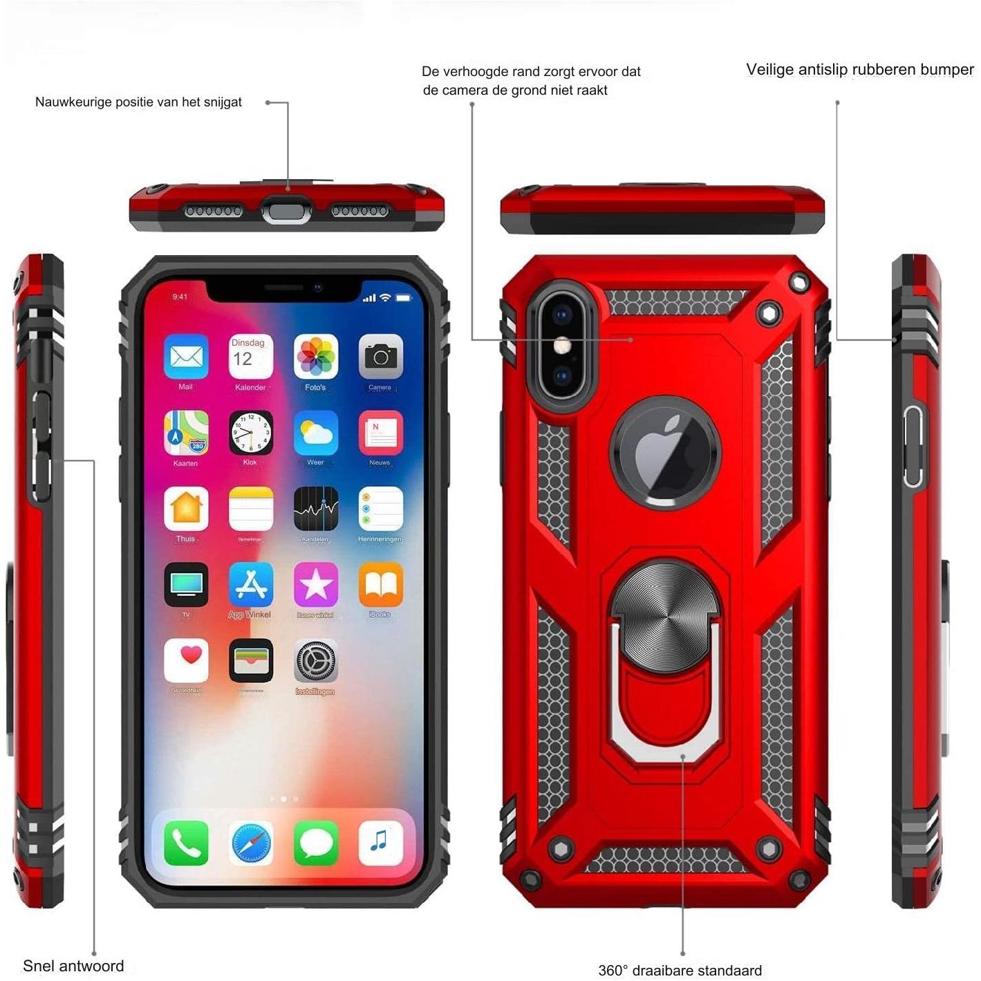 Heavy Duty Beschermhoesje + Screen Protector - Geschikt voor iPhone X / Mobiel Hoesje iPhone XS - met Gehard Glas Schermbeschermer, 360 Graden Ringhouder, Militaire Pantser Mobiele Telefoonhoesjes, Schokbestendige Cover, Beschermend Hoesje