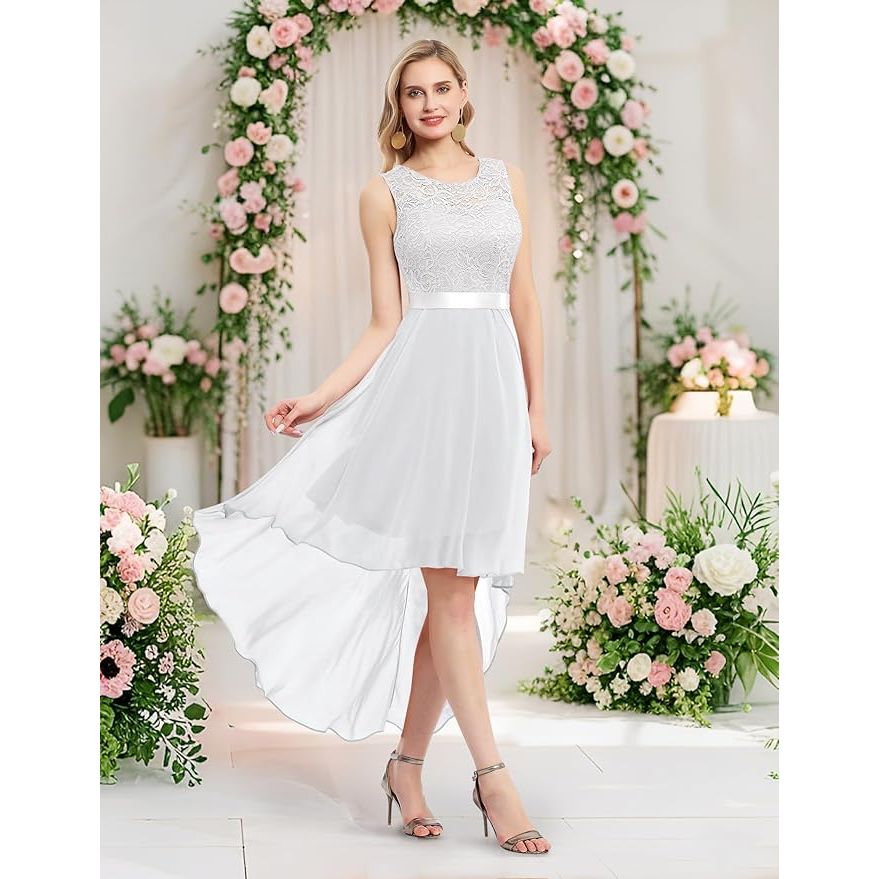 Elegante Mouwloze Hi-Lo Cocktailjurk – Kant en Chiffon – Wit – Voor Bruiloften, Feesten en Avonden