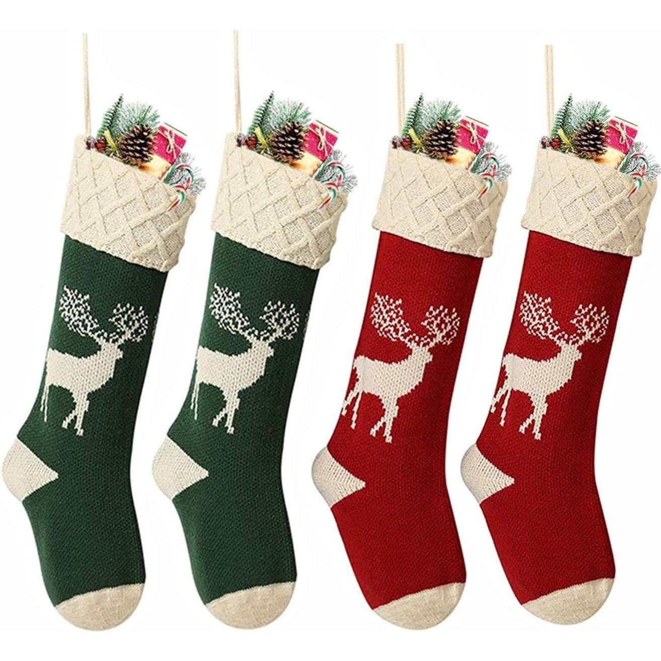 4 Stuks - Kerstsokken Gebreide Rendiermotief - Ophangbare Decoratieve Kerst Ornament - Rendier Gebreide Kerstkousen - Klassieke Stijl met Een Speels Tintje - Hoogwaardige Kwaliteit - 2 Rood / 2 Groen - 46cm
