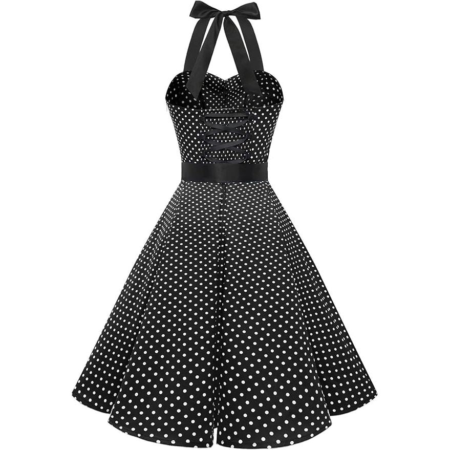 1950s Vintage Polkadot Swing Jurk - Maat L – Retro Cocktailjurk – Halterstijl – Elastische Rug Met Bandage en Verborgen Ritssluiting – Knielang – Perfect Voor Bruiloften, Proms, Feestjes en Thema-evenementen