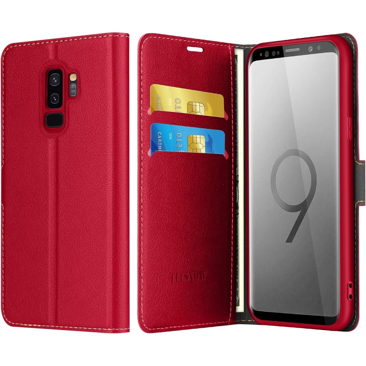 1-Stuks Hoesje voor Samsung Galaxy S9 Plus, Luxe Lederen Vouwbare Portemonnee Beschermhoes Telefoonhoesje met [Magnetische Sluiting, Kaartsleuf, Standfunctie] voor Samsung Galaxy S9 Plus (Rood)