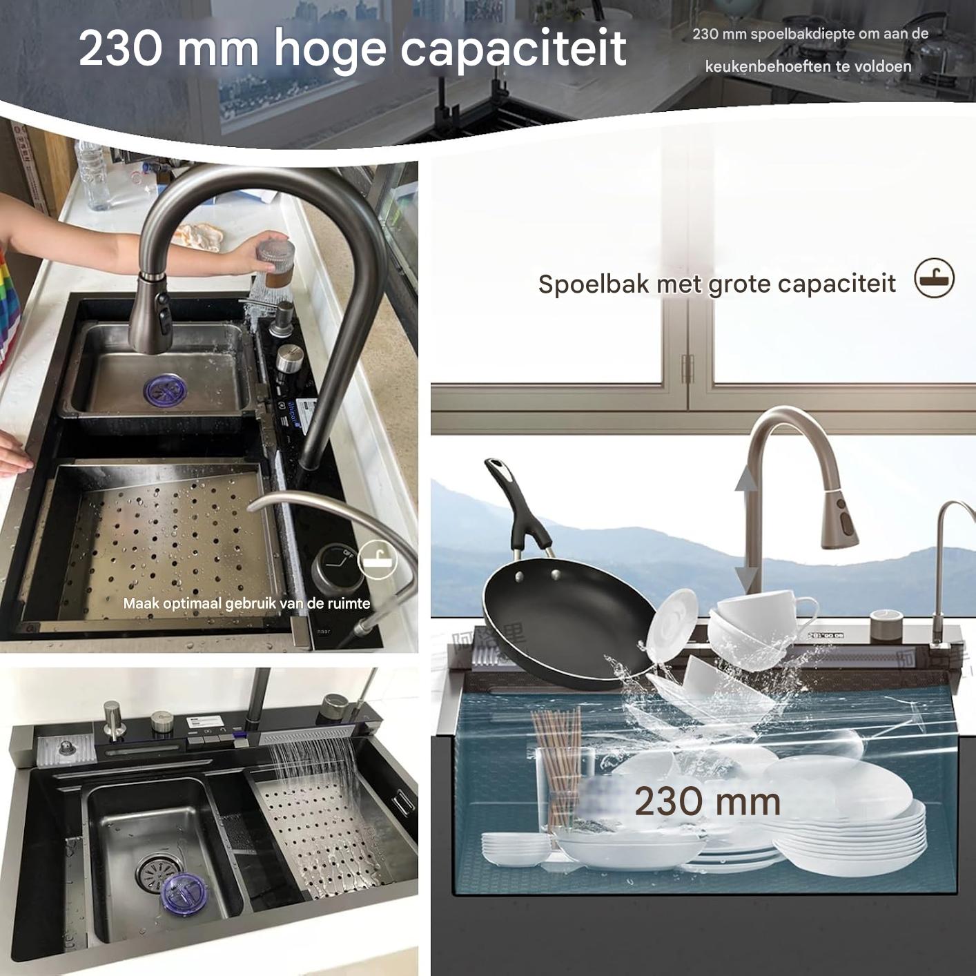 Zwarte Geïntegreerde Spoelbak – Luxe Werkstation Keukenspoelbak met Waterval, Kraan met Digitale Temperatuurweergave, Piano-schakelaarbediening en Volledige Accessoireset (68 cm)