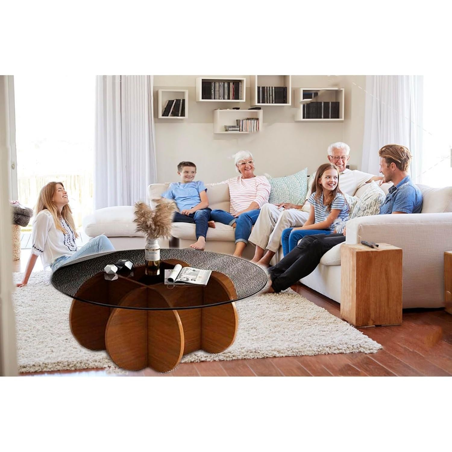 Ronde Salontafel met Glazen Blad en Massief Houten Onderstel - Ø 80 × 40 cm – Moderne Centrale Tafel voor Woonkamer of Terras – Bijzettafel van Gehard Glas