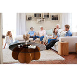 Ronde Salontafel met Glazen Blad en Massief Houten Onderstel - Ø 80 × 40 cm – Moderne Centrale Tafel voor Woonkamer of Terras – Bijzettafel van Gehard Glas