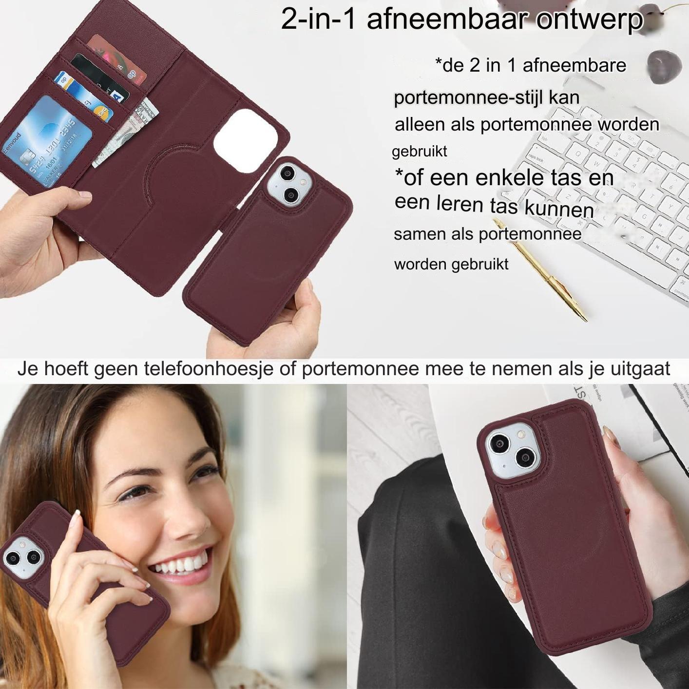 iPhone 15 Case Magsafe Compatibel - Flip Wallet Case Met Kaart Houder - PU Leren Beschermhoes - Afneembare 2-in-1 Wallet Functie - Magnetische Sluiting - Kickstand Voor Films/Video - Geschikt Voor iPhone 15 - Burgundy