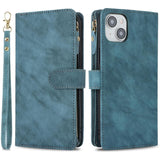 iPhone 15 hoesje met koord - Flip portefeuille etui - Leren telefoonhoes - Beschermhoesje voor iPhone 15 - Met 9 kaartsleuven - Dubbele magnetische sluiting - Beschermende flipcase voor iPhone 15 - Lichtblauw