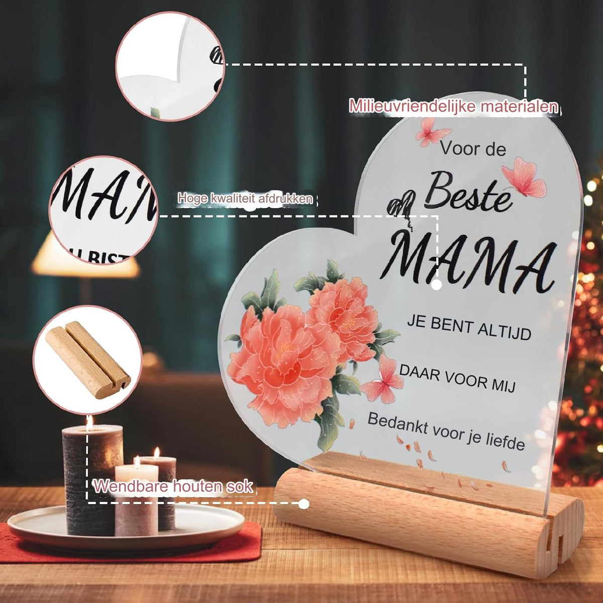 Persoonlijk Inspiratiegeschenk Voor Moeder - Acryl Decoratie Met Bloemen En Vlinders - Hoogwaardige Acryl Plaque Voor Moeders - Verjaardagscadeau Voor Moeder Van Dochter En Zoon - Moederdag Geschenk - Inclusief Houten Standaard