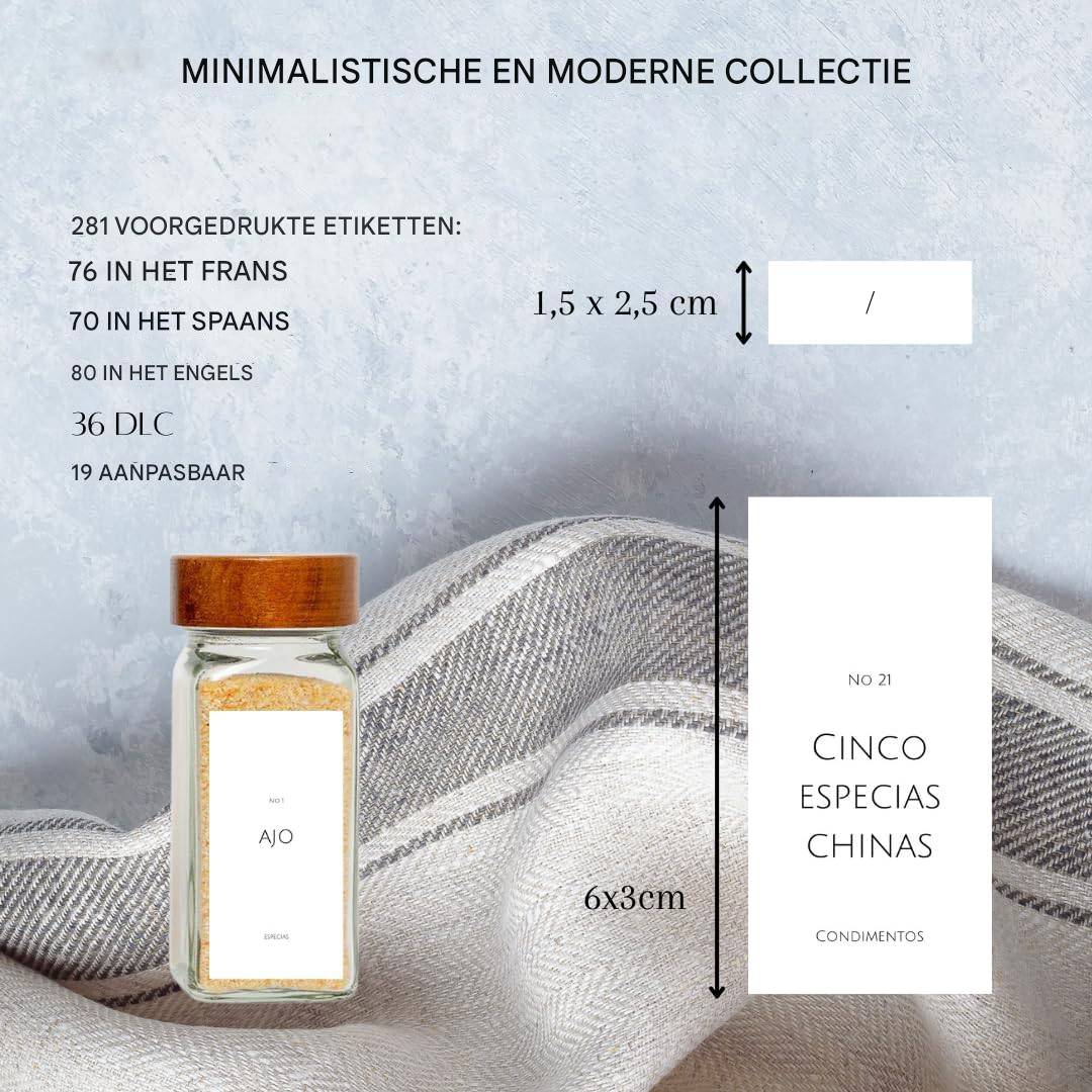 Zelfklevende Etiketten voor Kruidenpotjes - 281 Stuks - Minimalistisch Design - Frans, Engels en Spaans - Waterdicht Vinyl - Inclusief Blanco Labels, Checklist en Liniaal - Voor Organisatie en Esthetiek in de Keuken