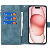 iPhone 15 hoesje met koord - Flip portefeuille etui - Leren telefoonhoes - Beschermhoesje voor iPhone 15 - Met 9 kaartsleuven - Dubbele magnetische sluiting - Beschermende flipcase voor iPhone 15 - Lichtblauw