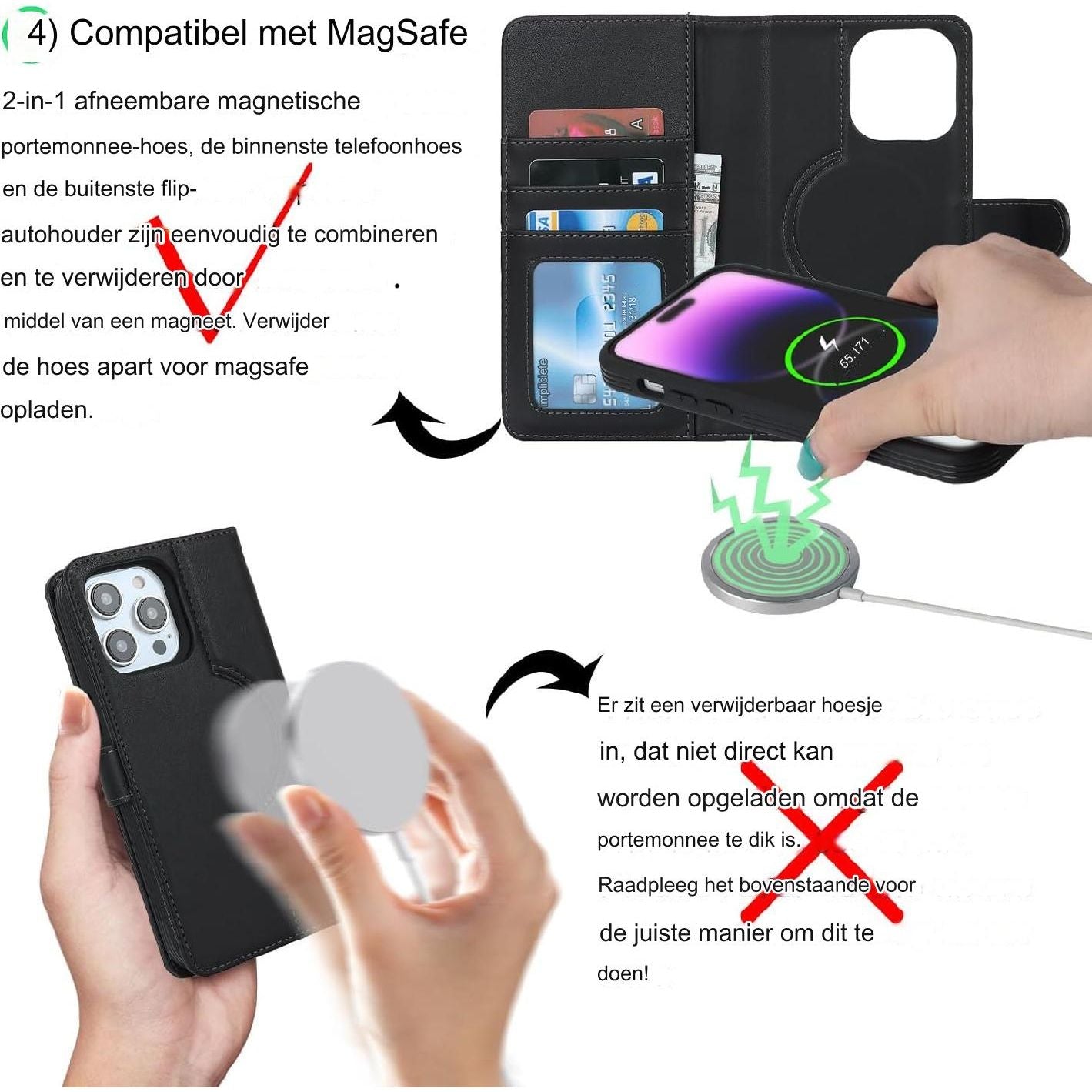 Beschermend Hoesje iPhone 13 Pro Magsafe Compatibel - Kaarthouder Flip Cover Lederen Portemonnee Case - Verwijderbare Cover Mannen - Stijlvolle Telefoon Accessoire Heren - Magnetische Sluiting - Mode Telefoonhoesje Portemonneehouder