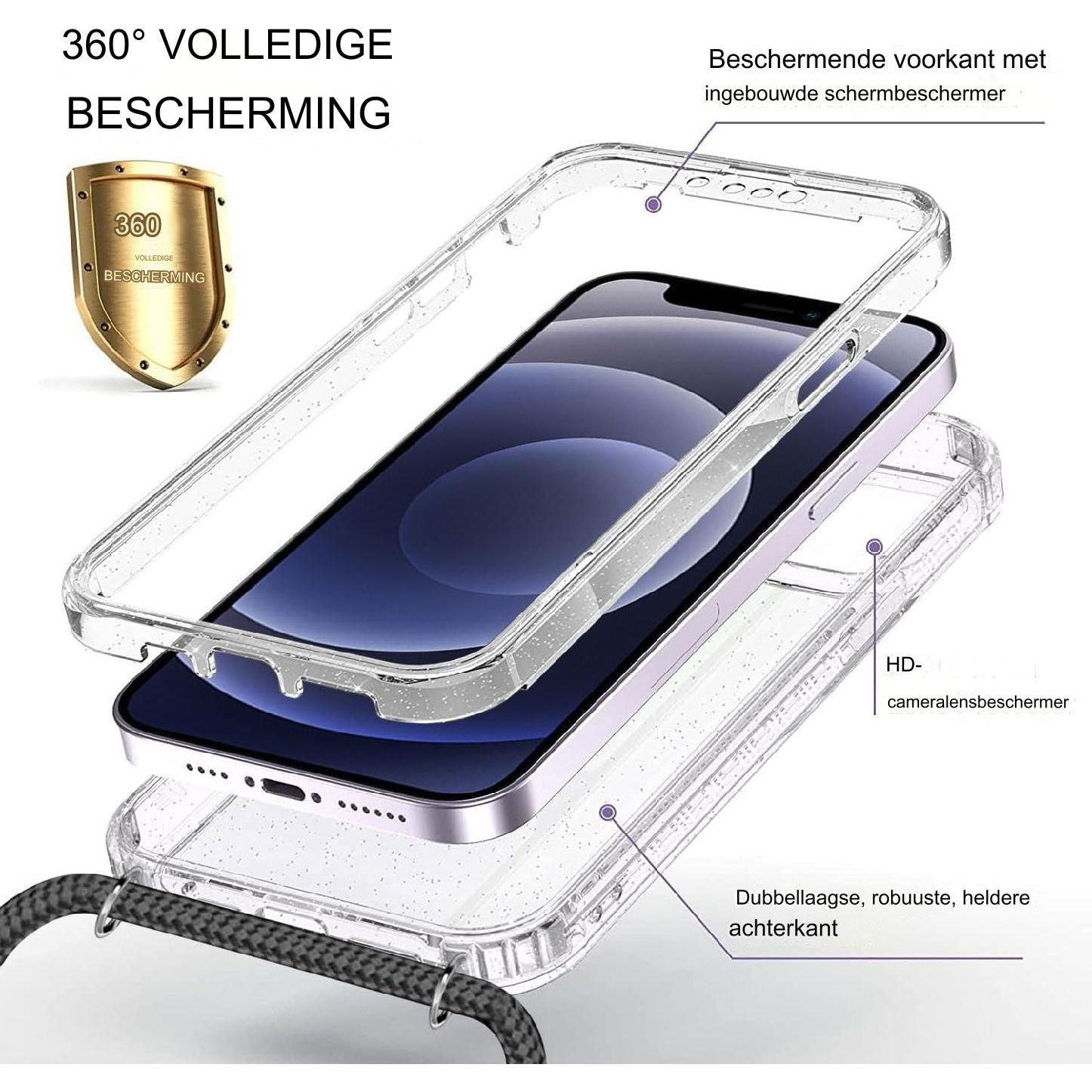 Schitterende Mobiele Telefoon Ketting voor iPhone 11 Pro Max Hoesje - Mobiel Hoesje met Bandje voor iPhone 11 Pro max Ingebouwde Schermbeschermer - 360 Graden Siliconen Schokbestendige Bescherming