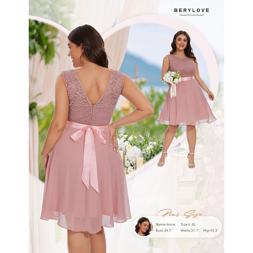 Elegante Damesjurk Van Kant En Chiffon – BeryLove Cocktailjurk Tot Op De Knie – Mouwloze Bridesmaid Dress Met V-Hals En Strikceintuur – Voor Feest, Bruiloft, Diner Of Avond – Luchtig, Zacht En Ademend – Transparant Kant Op Rug En Schouders