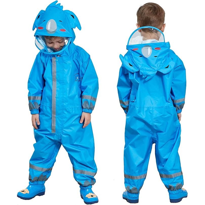 Kinder Regenpak - Koala Blauw - Waterdicht Ademend Regenoverall - All-in-One Puddle Suit - Met Capuchon en Reflector - Lichtgewicht PVC Transparante Rand - Voor Meisjes en Jongens - Blauw - Maat 7-10 Jaar