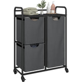 Wasmand met 3 Vakken en 1 Legplank – Wasmand op Wielen – 128 L Capaciteit – Grijs – 74,5x33x102 cm