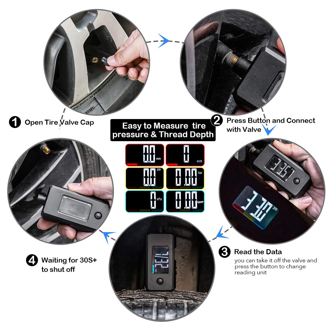 CZC AUTO Digitale Bandenspanningsmeter & Profieldieptemeter 2-in-1 – LCD Verlicht Display tot 100 PSI &amp; 15mm – Nauwkeurige Meting in 4 Drukeenheden – Auto, Motor, Fiets & Truck – Inclusief Sleutelhanger – Zwart