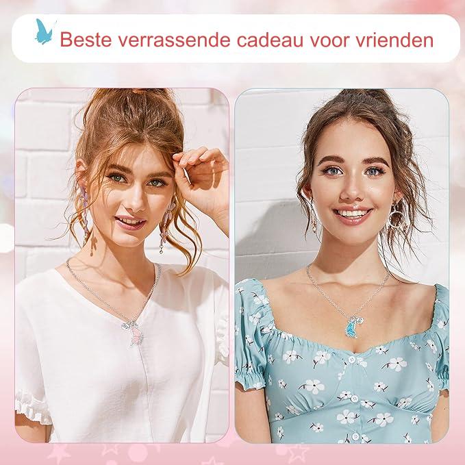 2 Stuks - Vriendschapsketting Voor Vrouwen - Bff Kettingen Voor 2 Meiden - Zilveren Vlinderhanger Ketting - Mode Sieraden - Ketting Met Hartvormige Puzzelhanger - Persoonlijke Sieraden - Meerkleurige Kettingen - Blauw Roze