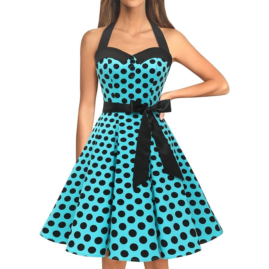 1950s Vintage Polkadot Swing Jurk - Maat L – Retro Cocktailjurk – Halterstijl – Elastische Rug Met Bandage en Verborgen Ritssluiting – Knielang – Perfect Voor Bruiloften, Proms, Feestjes en Thema-evenementen