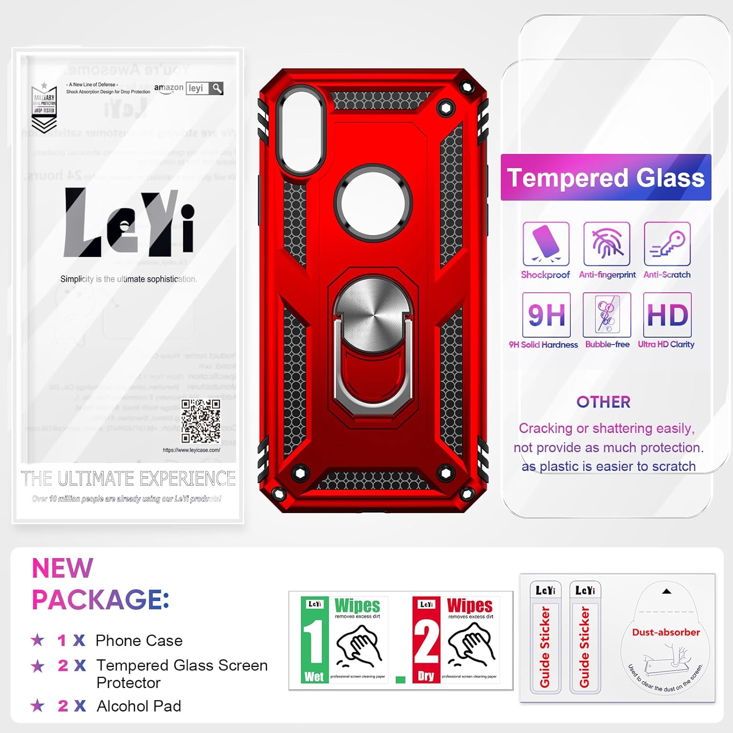 Heavy Duty Beschermhoesje + Screen Protector - Geschikt voor iPhone X / Mobiel Hoesje iPhone XS - met Gehard Glas Schermbeschermer, 360 Graden Ringhouder, Militaire Pantser Mobiele Telefoonhoesjes, Schokbestendige Cover, Beschermend Hoesje