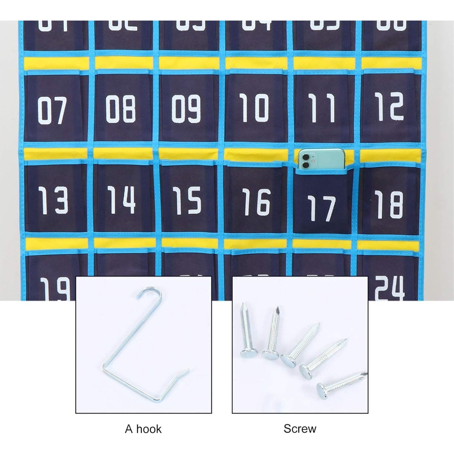 36Vakken Hangende Wandorganizer - Opbergtas voor Mobiele Telefoons en Sieraden - Niet-Geweven Stof - Voor Telefoons, Rekenmachines en Accessoires - Inclusief Haken en Spijkers - Ideaal voor Klaslokaal, Deur en Kast  Verkooptekst: