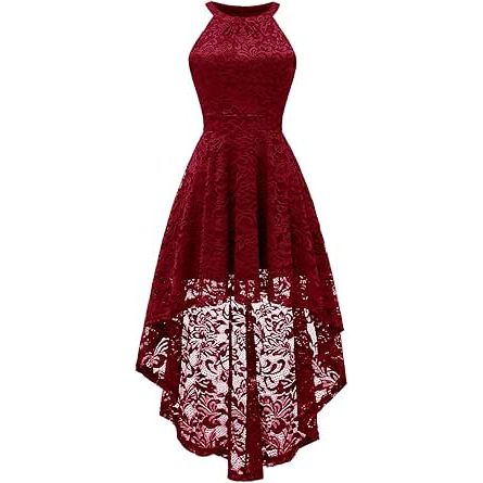Elegante Dames Cocktailjurk – Vintage Hi-Lo Halter Jurk – Mouwloos – Kant – A-lijn – Asymmetrisch – Voor Cocktails, Bruiloften en Avondfeesten – Rood – Maat XS