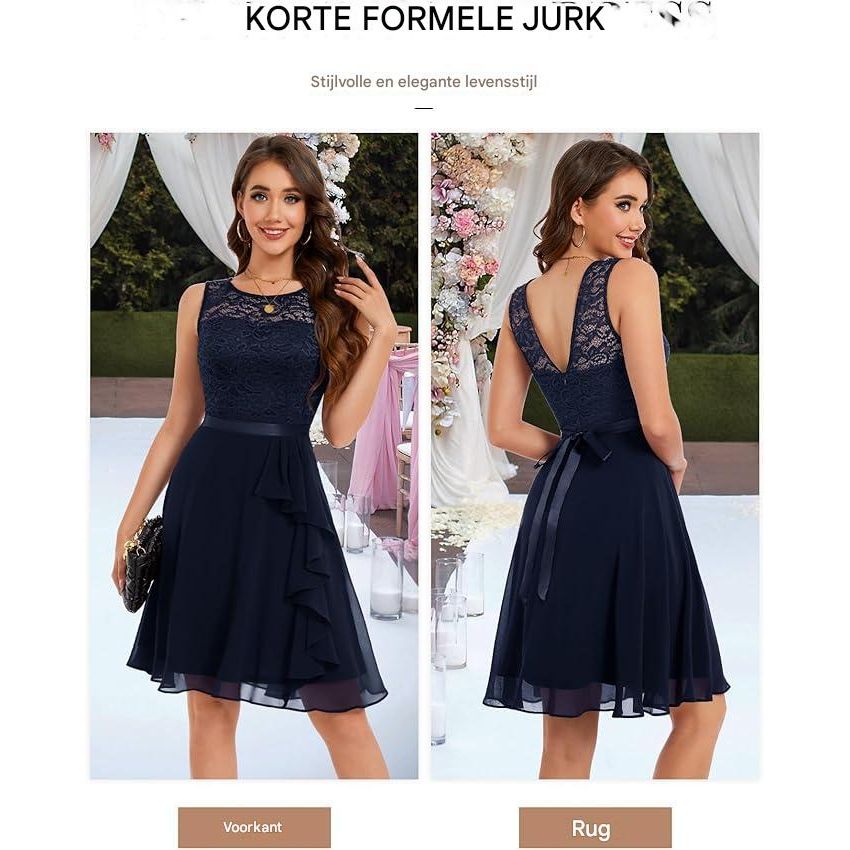 Elegante Cocktailjurk Voor Dames - Maat S – Knie-Lange A-Lijn Jurk – Mouwloos Met Ronde Hals – Chiffon En Kant Jurk Met Strik – Ruches Zoom – Perfect Voor Bruiloften, Feestjes En Avondgelegenheden