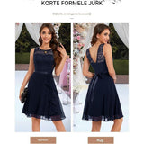Elegante Cocktailjurk Voor Dames – Knie-Lange A-Lijn Jurk – Mouwloos Met Ronde Hals – Chiffon En Kant Jurk Met Strik – Ruches Zoom – Perfect Voor Bruiloften, Feestjes En Avondgelegenheden