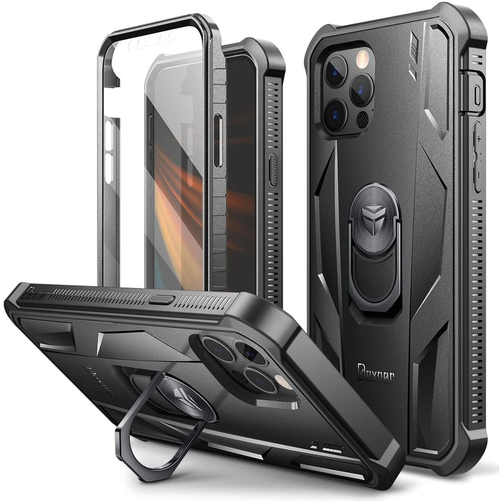 Dexnor - iPhone 12/12 Pro Case Met 2 Screen Protectors - 360° Ring Stand - Schokbestendig Militair Beschermhoes - Beschermhoes Voor iPhone 12/12 Pro - Volledige Bescherming Met Camera- en Schermbescherming - Zwart