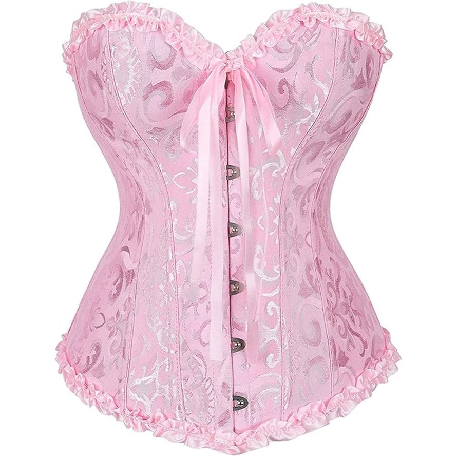 Dames Corset - Vol Borst Corset Lingerie Met Tummy Control - Satijnen Vetersluiting Top Met G-String - Boneless Corset Voor Perfecte Taillevorm - XS Roze - 90% Polyester en 10% Spandex - Ideaal Voor Bruiloften, Feestjes, Cosplay