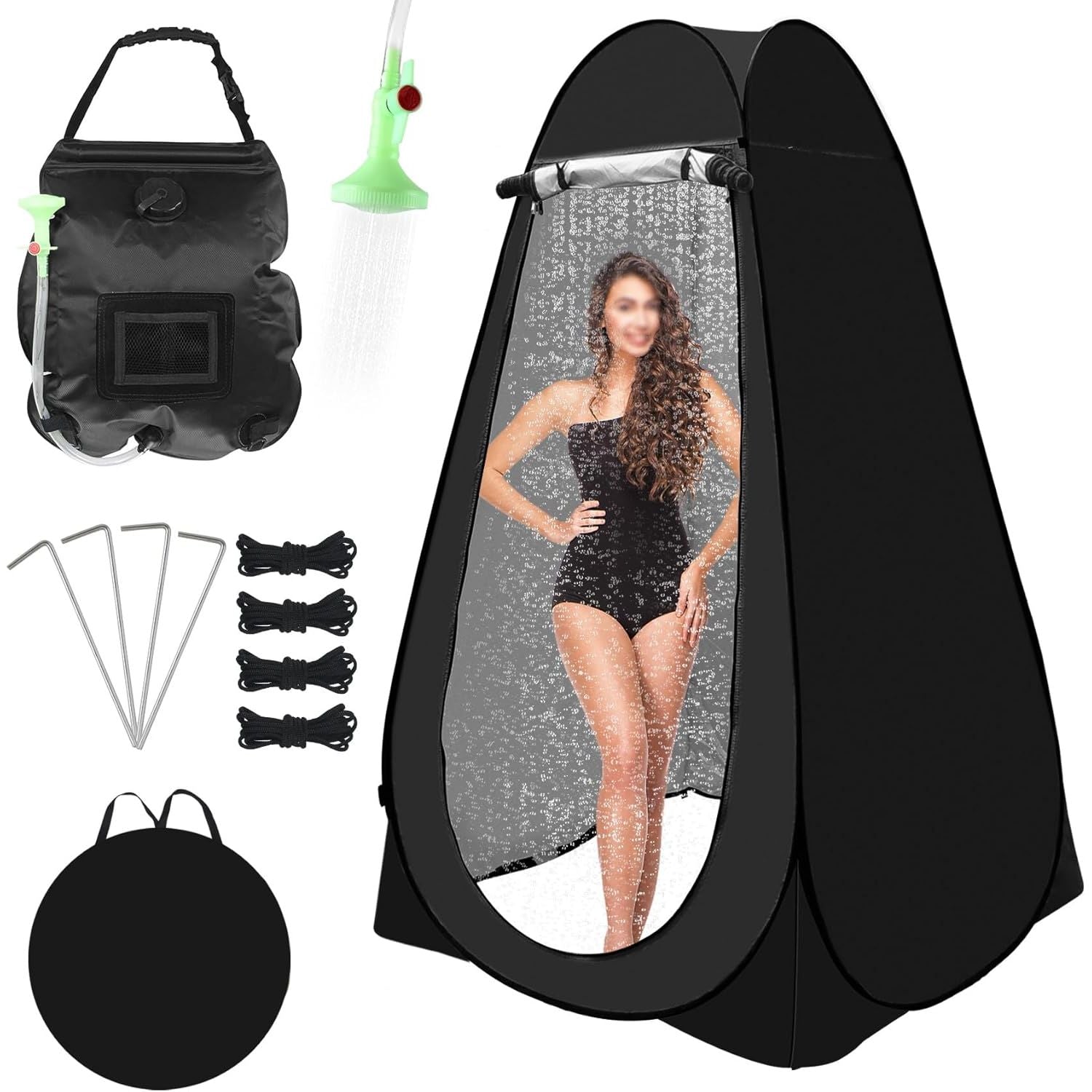 Pop-Up Douchetent met 5 Gallon Solar Shower Bag – 2-Delige Privacy Tent Set voor Camping & Strand – Opvouwbare Draagbare Toilet- en Ombkledtent – Waterdicht, UV-Bescherming & Ventilatie – Inclusief Draagtas – Zwart
