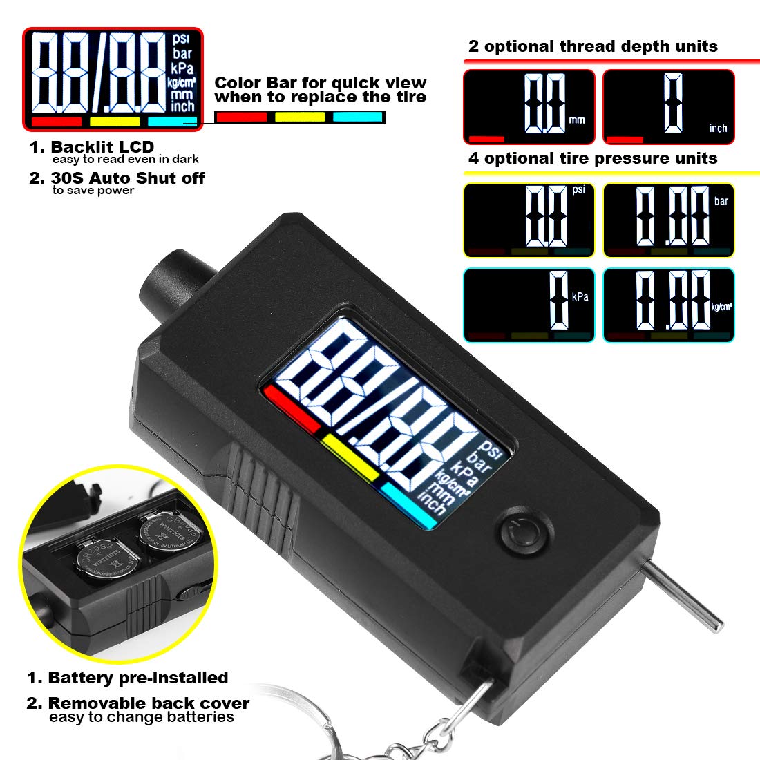CZC AUTO Digitale Bandenspanningsmeter & Profieldieptemeter 2-in-1 – LCD Verlicht Display tot 100 PSI &amp; 15mm – Nauwkeurige Meting in 4 Drukeenheden – Auto, Motor, Fiets & Truck – Inclusief Sleutelhanger – Zwart