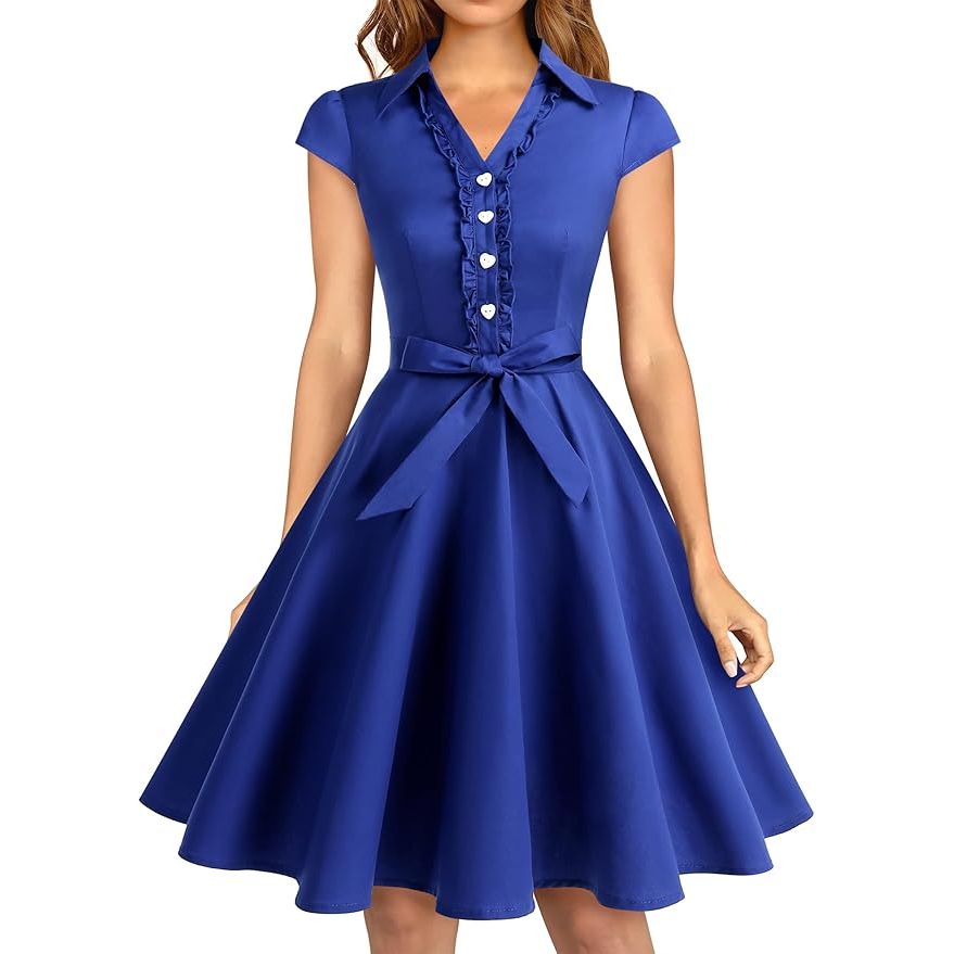 1950s Retro Swing Jurk voor Dames – Vintage Rockabilly Cocktailjurk – Met Capmouwtjes, V-Hals en Verwijderbare Riem – A-lijn Silhouet – Knielang – Perfect Voor Feestjes, Bruiloften, Proms en Themafeesten
