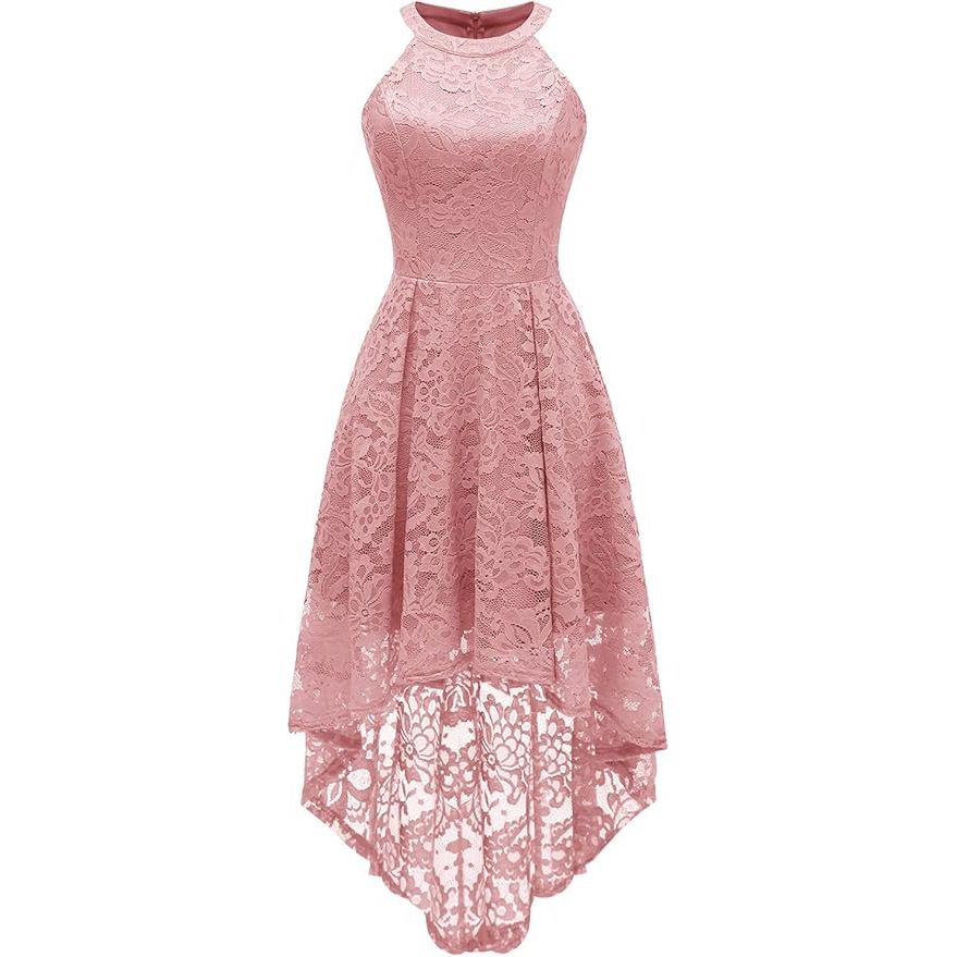 Dames Halter Kantjurk – Hi-Lo Cocktailjurk Voor Feest En Bruiloft – Mouwloze Formele Jurk Met Bloemenkant – Elegante Avondjurk Met Rugrits – Halterjurk Voor Party Date Night Diner Valentijn Galafeest Bridesmaid Outfit - Roze
