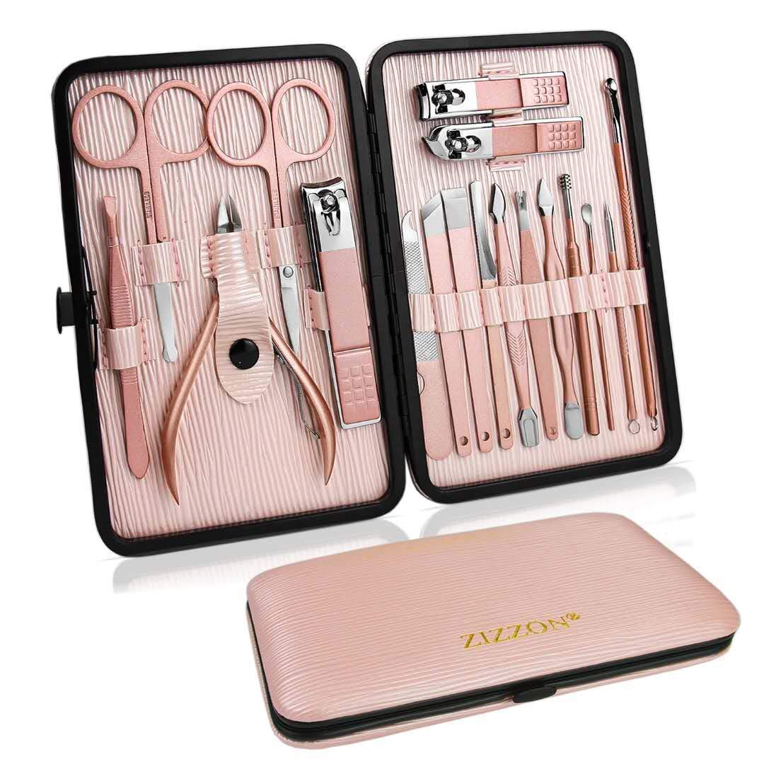 18 in 1 - Luxe Professionele Pedicure Set - Manicure Set - Nagelschaar Verzorgingsset met Lederen Reisetui Roze - Complete Nagelverzorgingskit met Nagelschaar en Etui