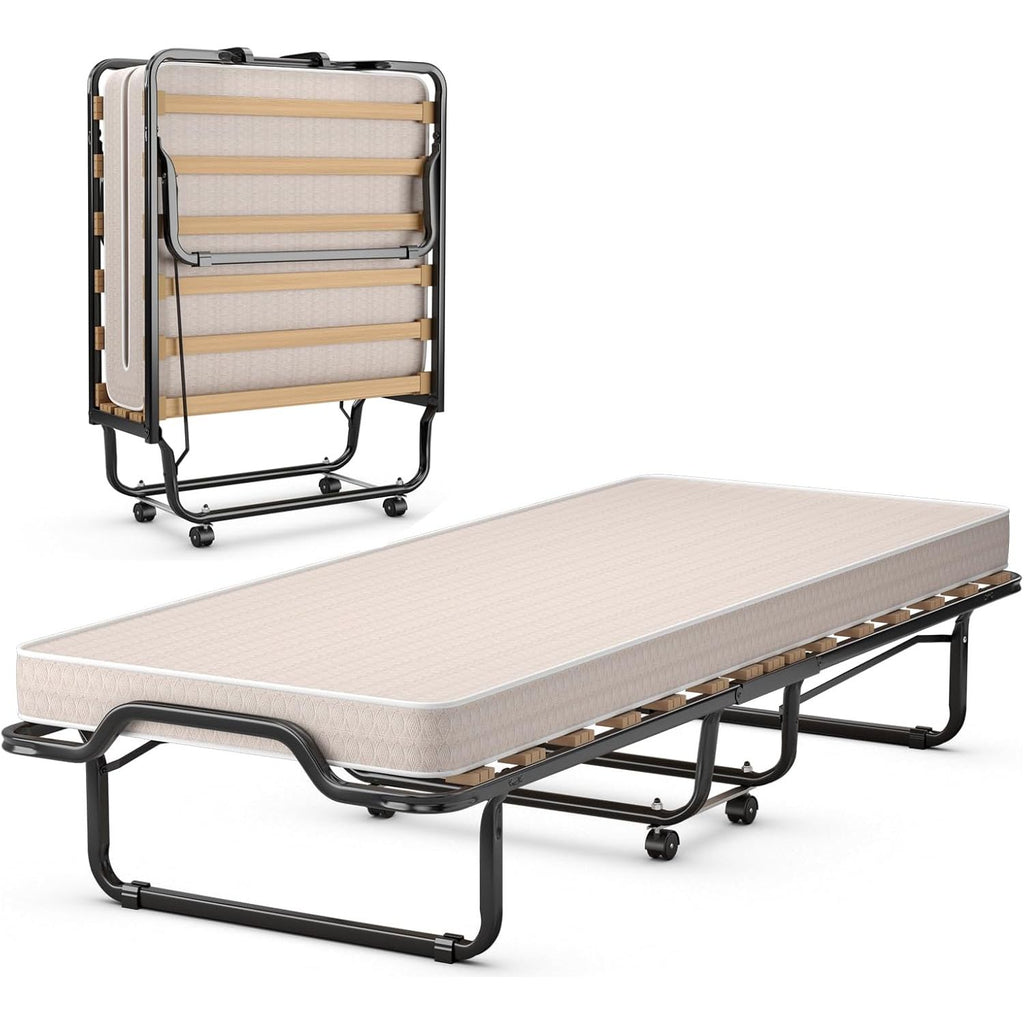 Opklapbaar Bed met Matras - 80 x 200 cm - Stevig Stalen Frame met Houten Latten - Opvouwbaar Bed op Wielen - Draagkracht tot 120 kg - Inclusief 10 cm Traagschuimmatras - Beige