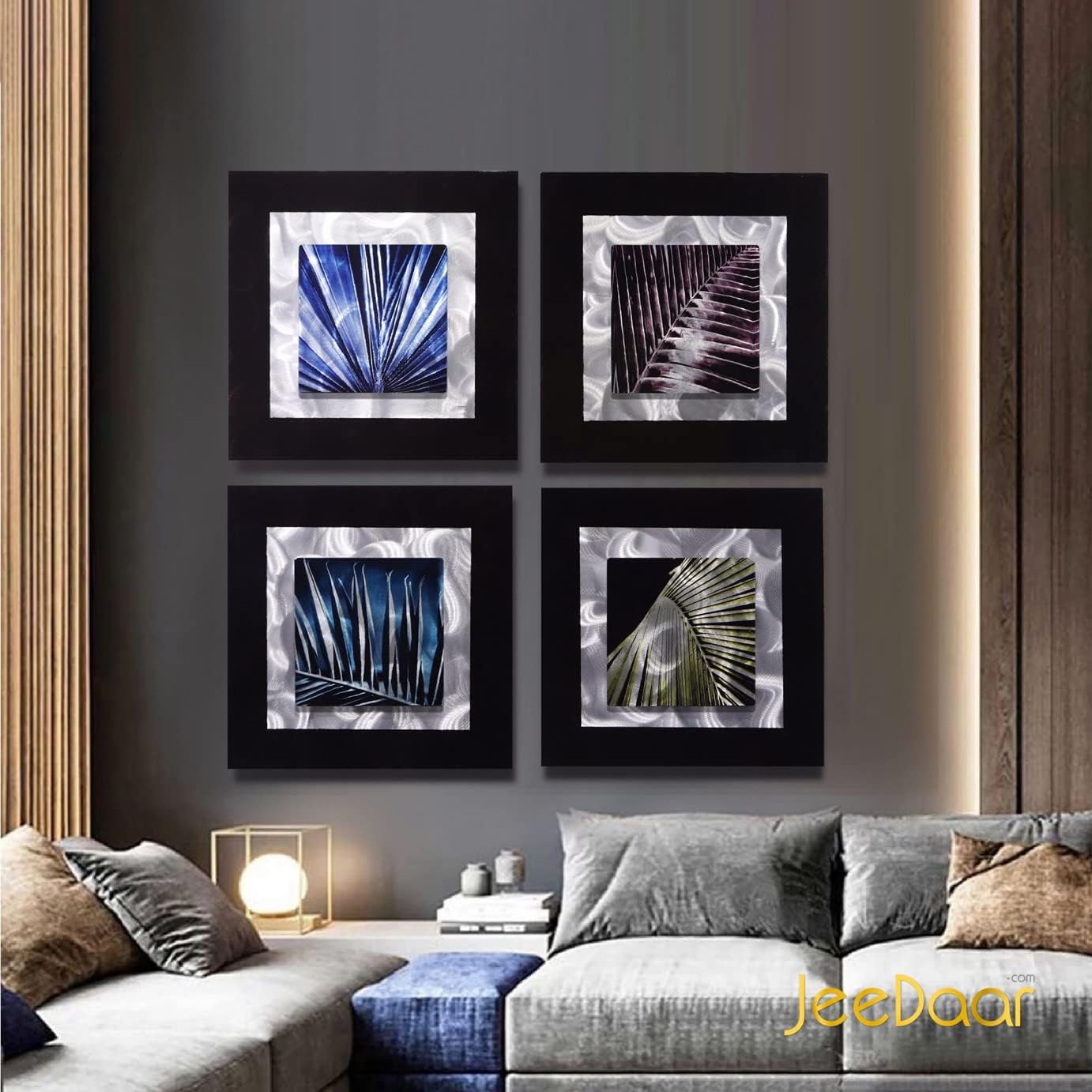 4 Stuks - 3D-Metaal Schilderijen - Aluminium Wanddecoratie - Handgemaakt - Zandgepolijst - Set Wandpanelen - 40 x 40 cm per Paneel - Abstracte Muurdecoratie - Model JD-131 - Voor Woonkamer, Slaapkamer, Kantoor