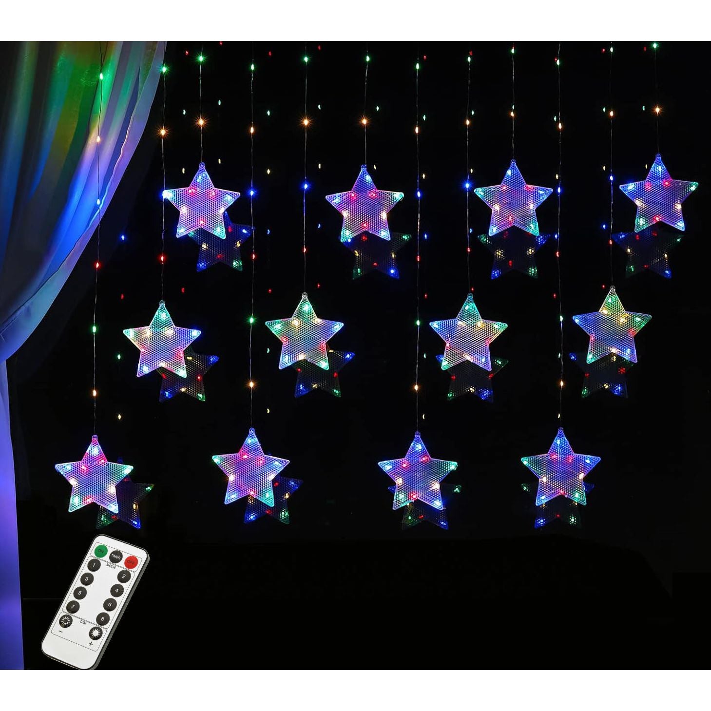 Lichtslinger met Sterren - 3 Meter Verlichte Snoer + 3M Aanloop Snoer - 120 Kleurrijke LED's, 12 Ster Hangers, USB-Aangedreven - 8 Knipperende Standen voor Kerst & Raamdecoratie - Energieklasse A+ - Gordijnverlichting
