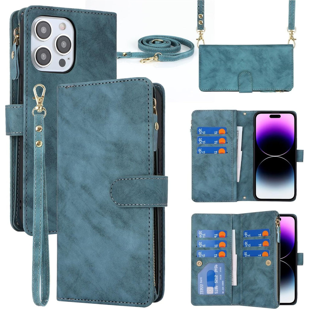 iPhone 15 Pro Max met koord - flip portemonnee etui - lederen hoes - beschermhoes - telefoonhoesje - etui met kaartsleuven - 9 kaartvakken - dubbele magnetische sluiting - case voor iPhone 15 Pro Max - wallet case - smartphone bescherming