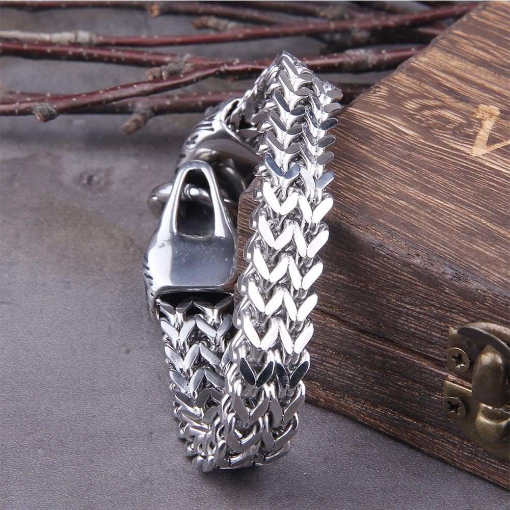 Heren Armband – Wolfskop Cuff – Geri en Freki Viking Stijl – Massief Roestvrij Staal – Punk Biker Design – 12 mm Breed – Verkrijgbaar in 19 cm, 21 cm, 23 cm – Hypoallergeen en Handgemaakt – Odin Viking Amulet Sieraad