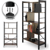 Houten Boekenkast met 4 Niveaus - Industrieel Wandrek - Vrijstaande Kast van MDF en IJzeren Frame - Staande Kast in Vintage Bruin en Zwart - Houten Etagère Boekenrek - Open Plankenkast voor Woonkamer of Kantoor
