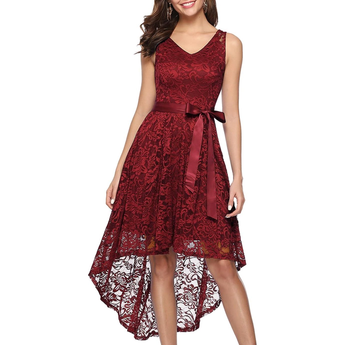 Elegante Asymmetrische Cocktailjurk Voor Dames - Maat L – Mouwloze Hoog-Laag Jurk Met Kant En Afneembare Tailleband – Galajurk Voor Feest, Bruiloft, Doop Of Avondfeest – Zachte Bloemenkant En Polyester – Achterrits