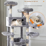 XXL Krabpaal van 193 cm - Hoge Kattenboom met 3 Soorten Hangmatten, Multi-Level Activiteitencentrum voor Binnenkatten - Inclusief 2 Kattenhuisjes, 2 Zitstokken, en Sisal Krabpalen - Stabiele Kattenklimtoren in Rookgrijs