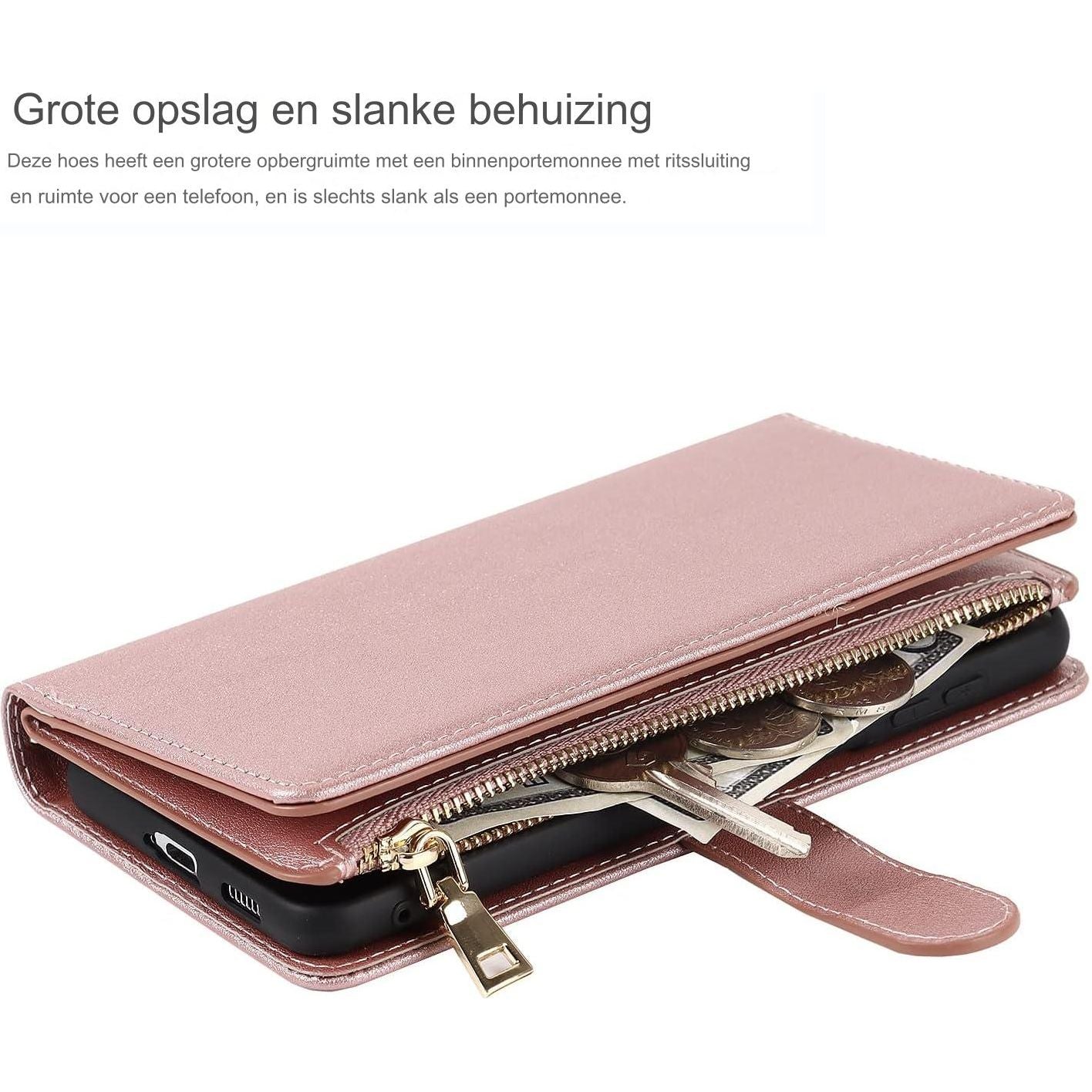 Portemonnee Hoes voor Samsung Galaxy S21 Ultra met Kaarthouder, Houderfunctie PU Lederen Hoes met Verstelbare Crossbody Lanyard Magnetische Sluiting Ritssluiting Zakje Flip Cover (Roségoud) - Handige Functionaliteit en Stijlvol Design in één Accessoire