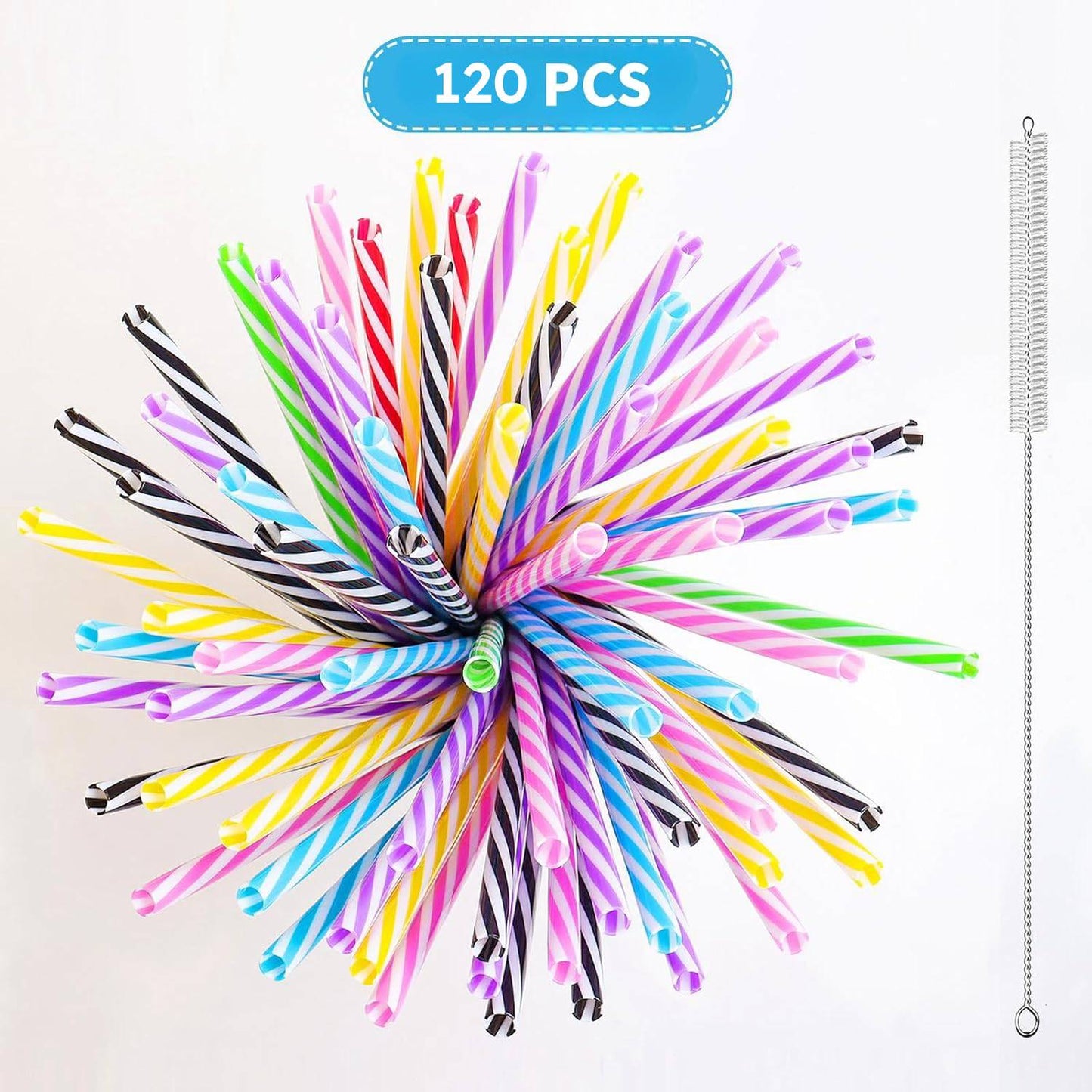 120 Stuks - Herbruikbare Plastic Rietjes - Met Reinigingsborstel - 23 cm Lang - Regenbooggestreept - Geschikt Voor Smoothies, Sap, Cocktails en Warme Dranken - Duurzaam en Afwasmachinebestendig