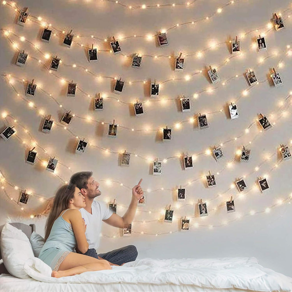 100 LED Foto Lichtslinger met Clips - Warm Wit - 10 meter Lengte - Binnen & Buiten - Batterij Aangedreven - Romantische Decoratie