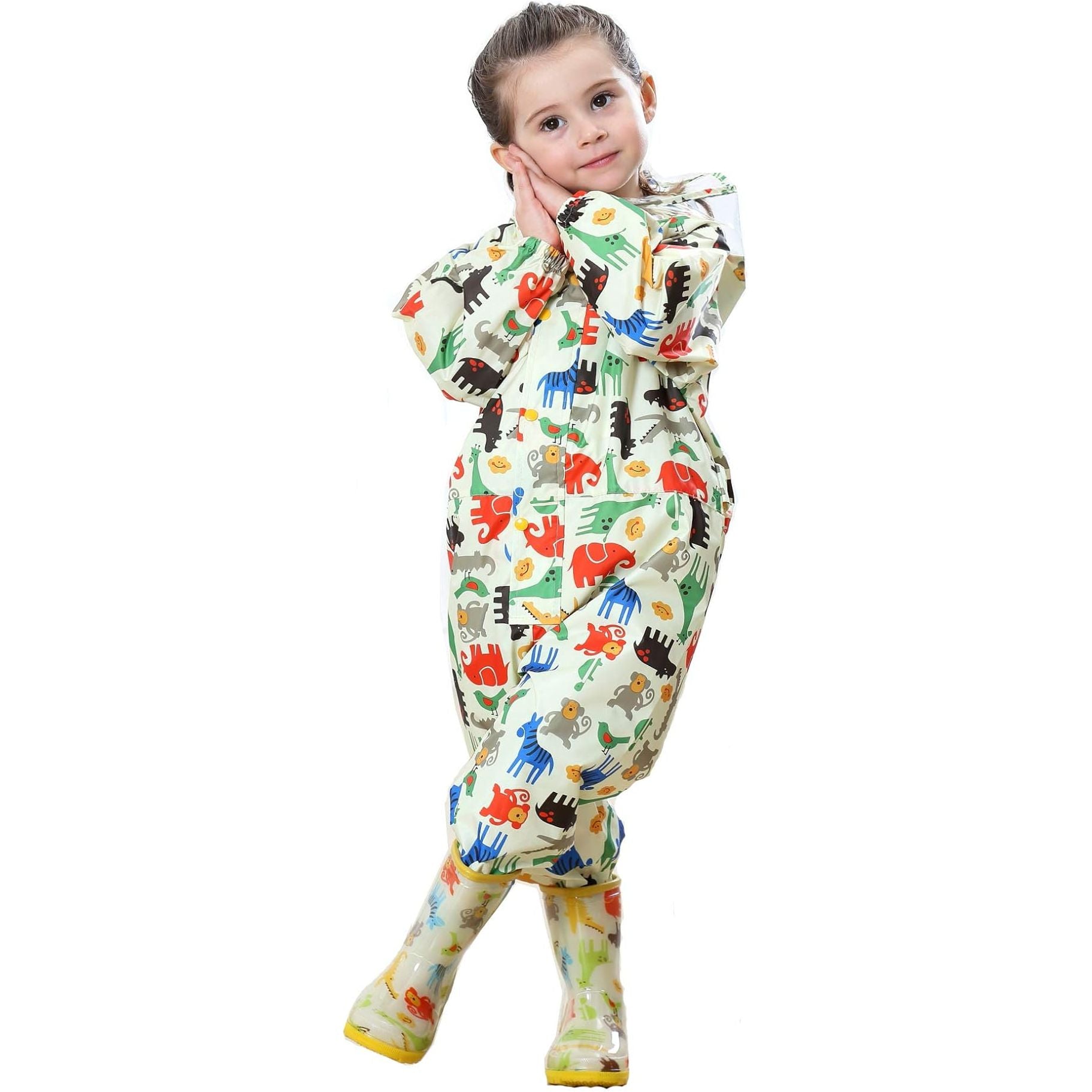 Kinderen Regenjas - Jongens / Meisjes - Regenkleding met Capuchon - Lichtgewicht en Ademend Regenpak - Waterdicht PVC - Cartoon Ontwerp - Transparante Hoed Rand - Geschikt voor Kinderen 1-7 Jaar - Unisex Regenjas - Alle Seizoenen - Draagbaar / Opvouwbaar