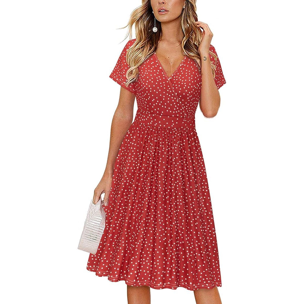 VOTEPRETTY Dames Zomerjurk - Korte Mouwen - Knielange V-Hals Wikkeljurk met Zakken - Casual Midi Jurk - Elegante A-Lijn Pasvorm - Luchtig Polyester en Elastaan - Voor Strand, Vakantie, Feest of Dagelijks - Rood - Maat S